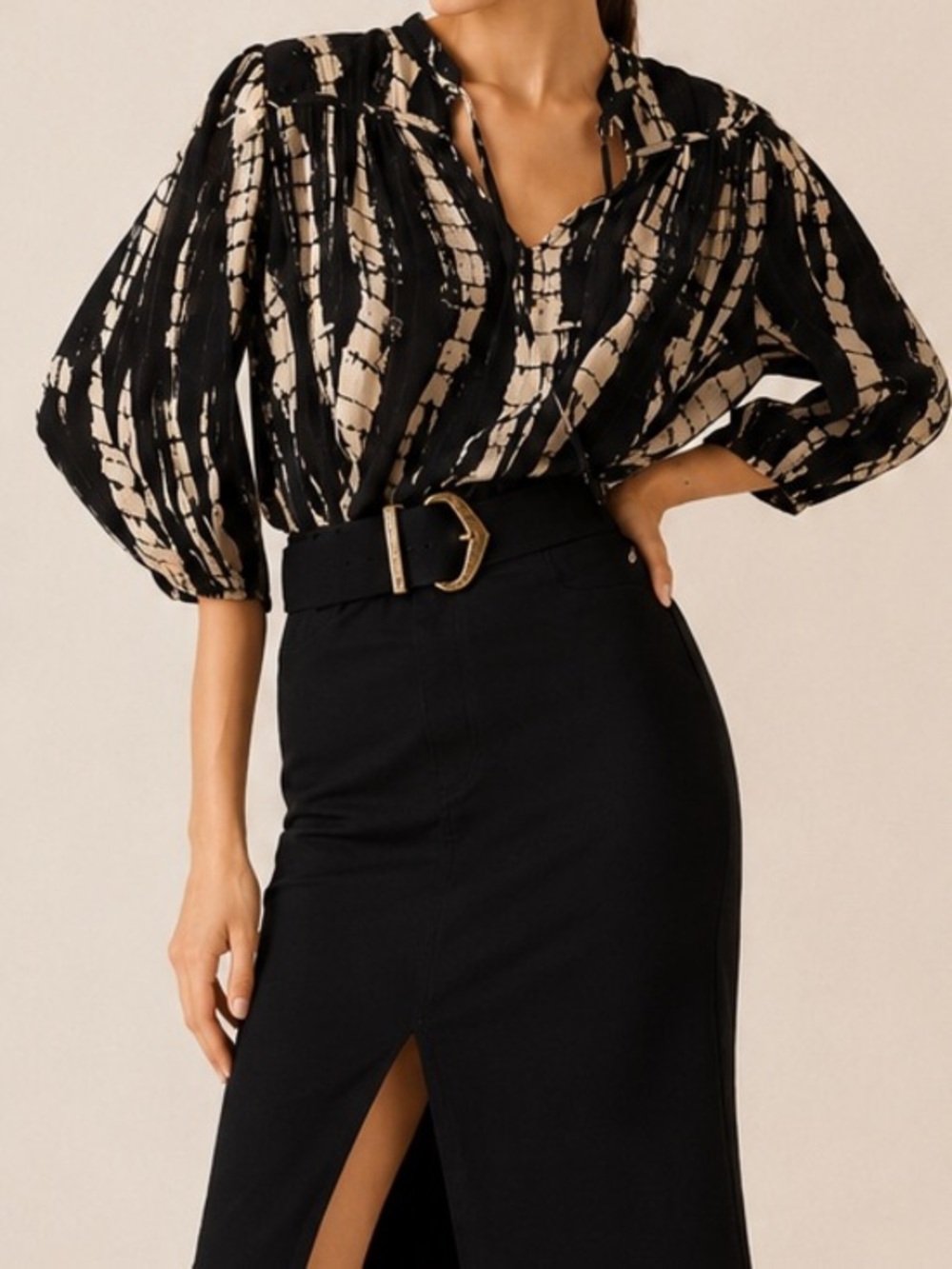BA&SH Kea Tie Dye Black Tan Metallic Stripe Boho Parisian Blouse